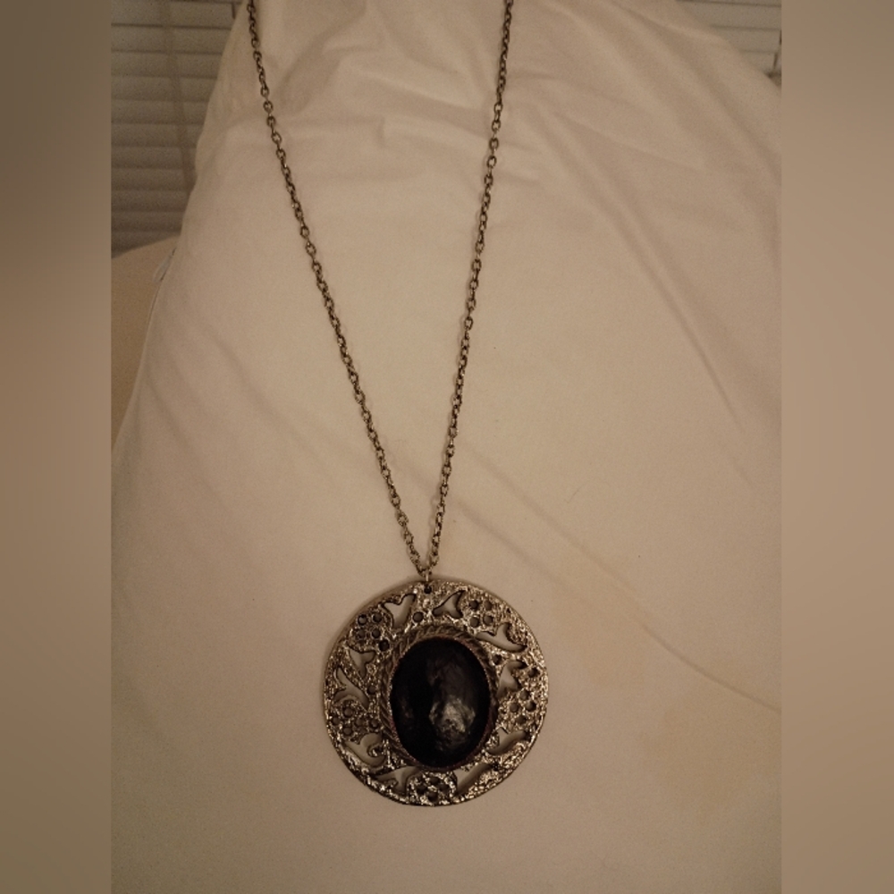 Ornate Silver and Black Pendant Necklace